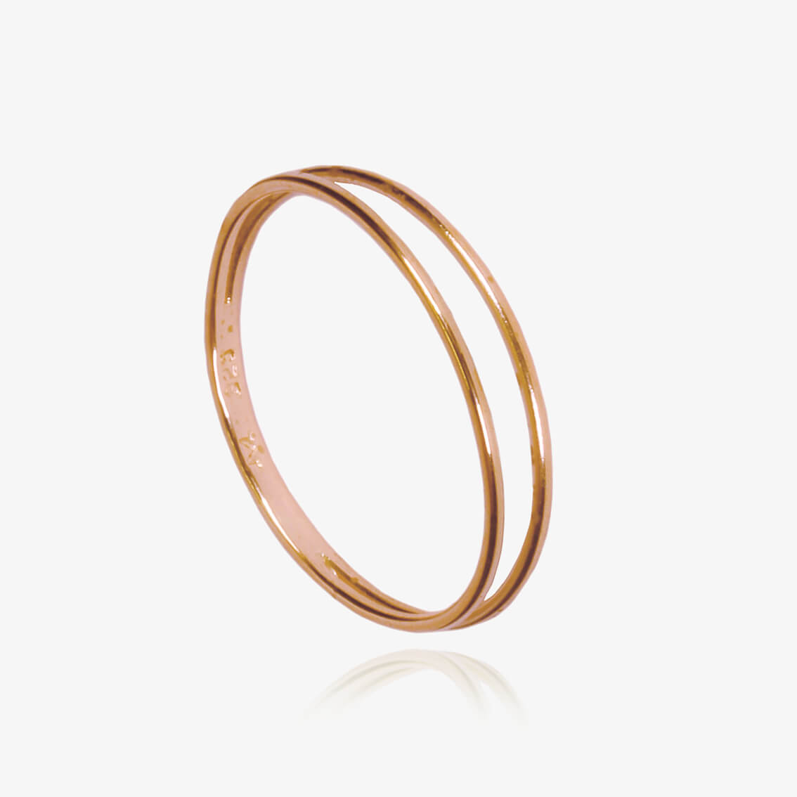 Close up of a ring with two thin bands in rose gold