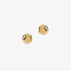 Gold dodecahedron shaped stud earrings on a white background.