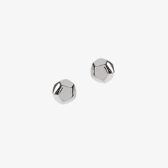 Sterling silver dodecahedron shaped studs on a white background by Matthew Calvin