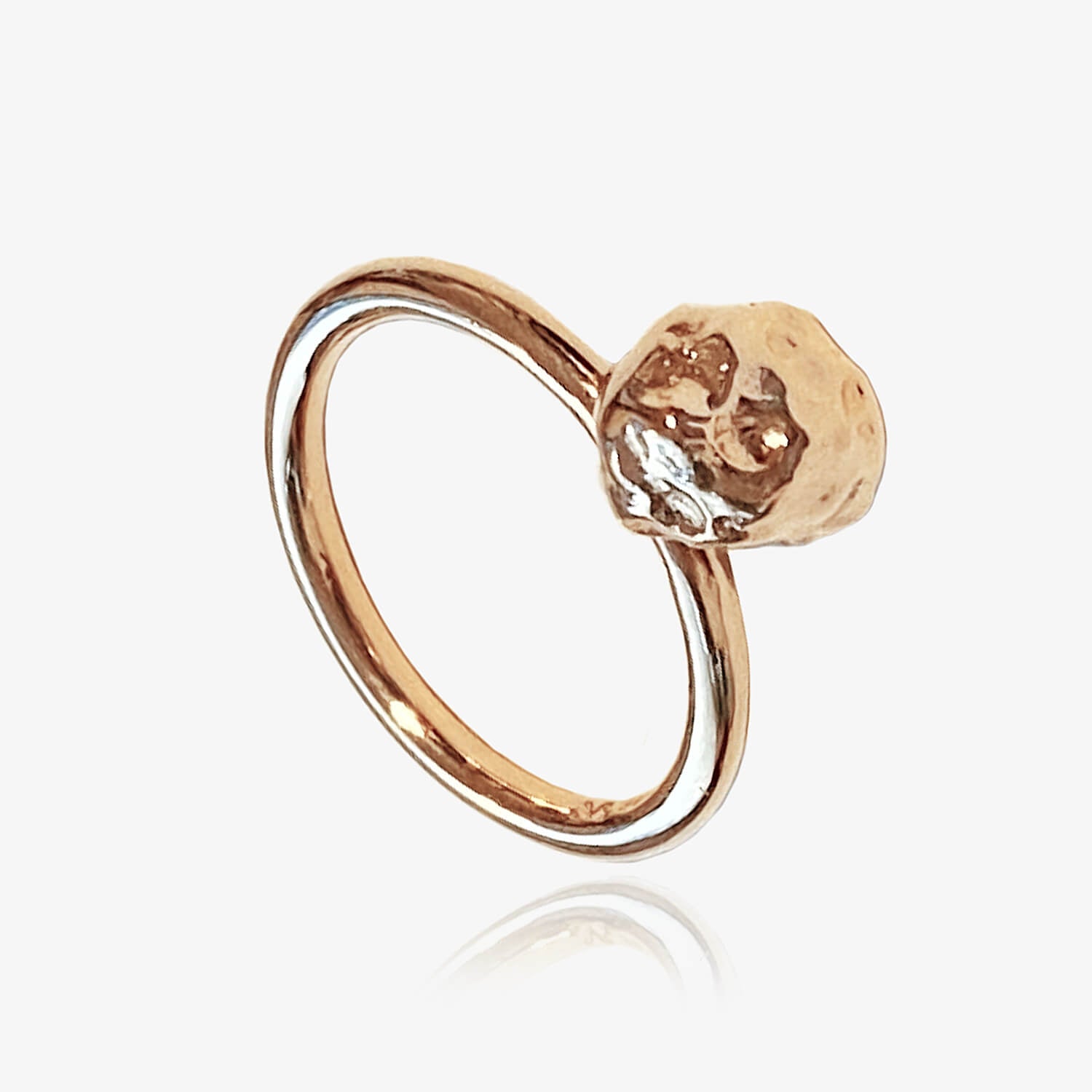 Close up of meteorite charm ring in rose gold