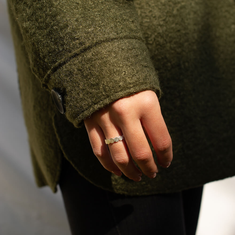 A model with a green coat wearing a solid sterling silver ring