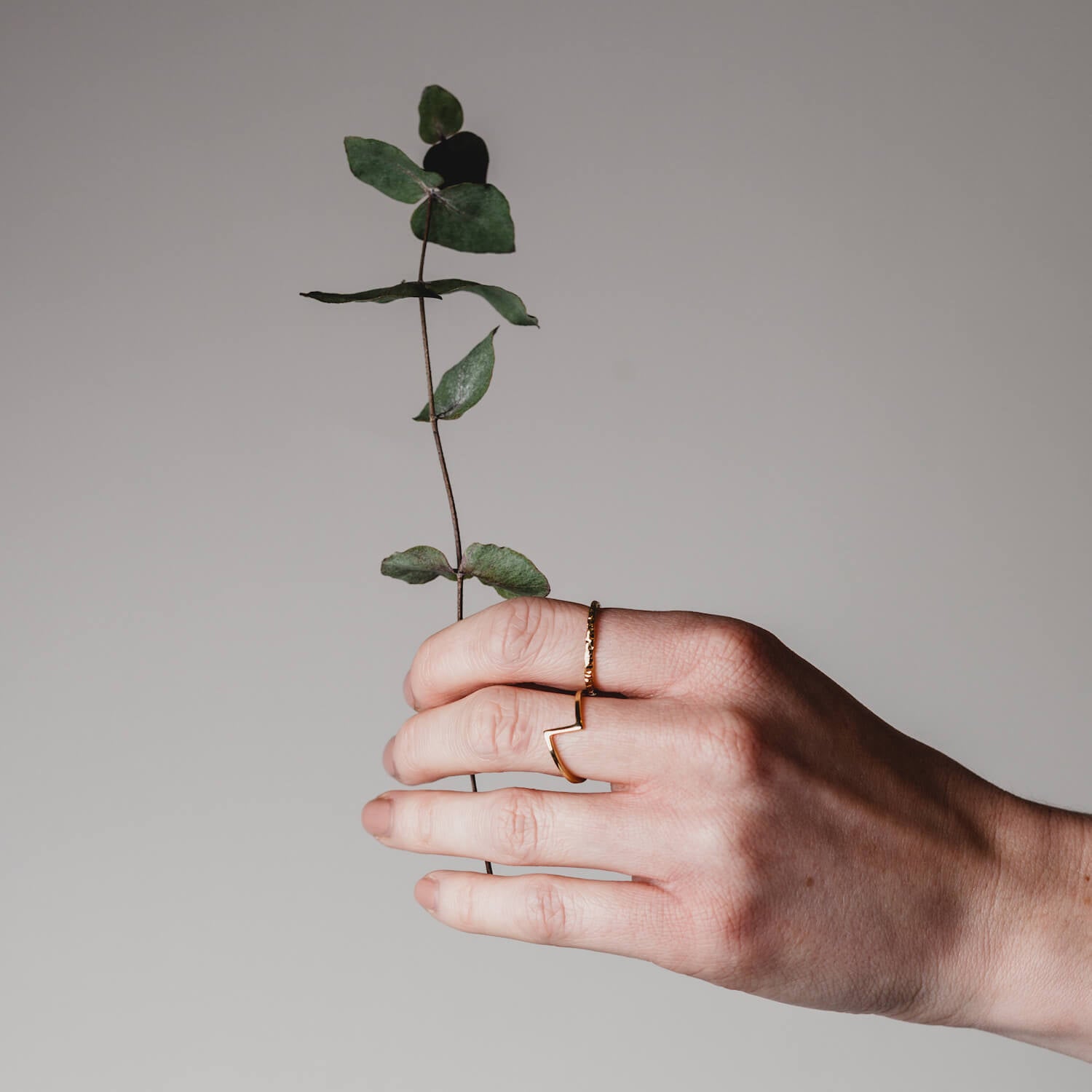 A woman's hand wearing two Matthew Calvin rings, one with a hammered texture and one with a geometric shape
